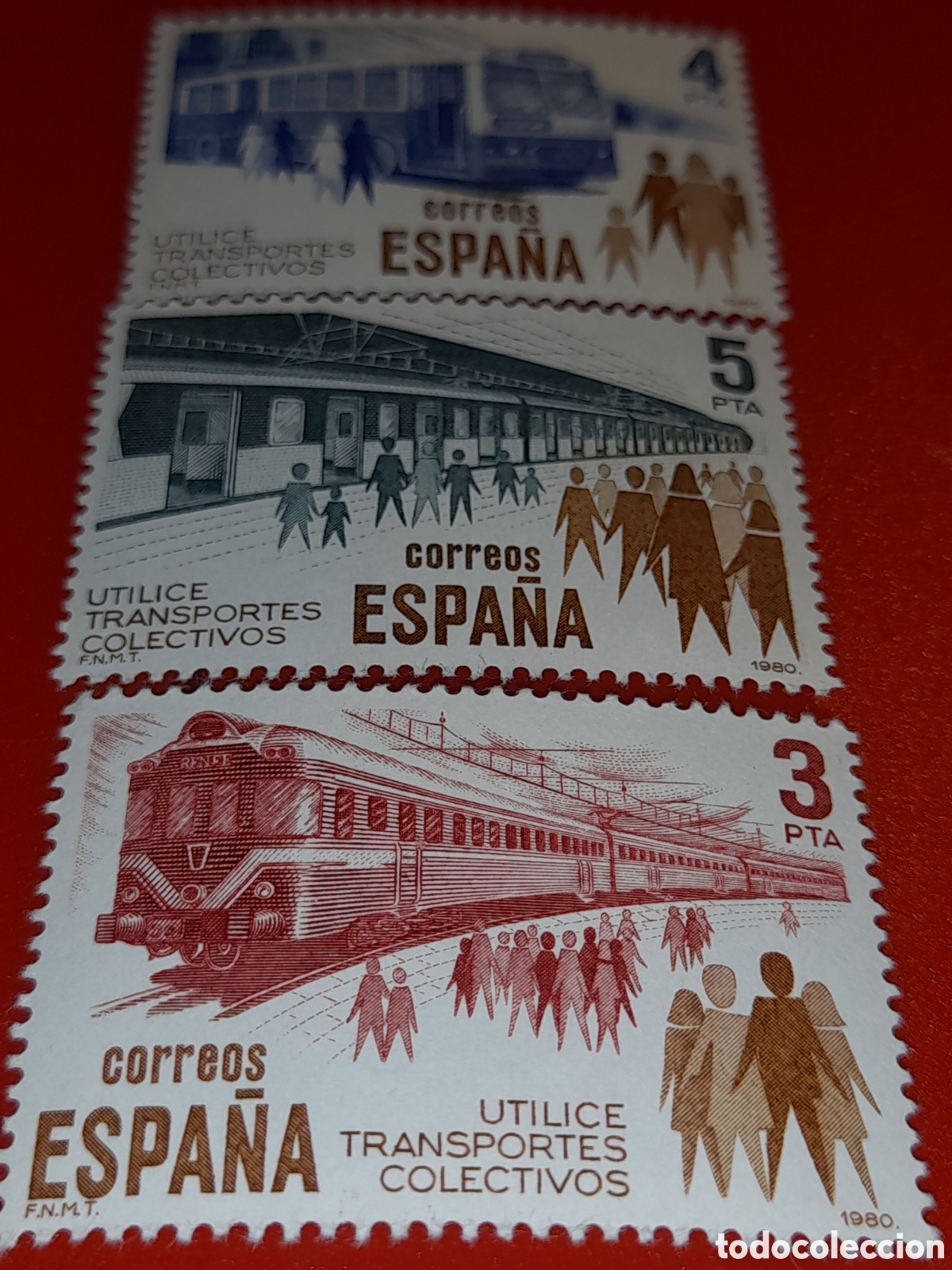 Sellos: Sello Espa&ntilde;a nuevo 1980. Transporte p&uacute;blico. Autobuses. Trenes. Ferrocarriles. V&iacute;as. Estaci&oacute;n. Metro