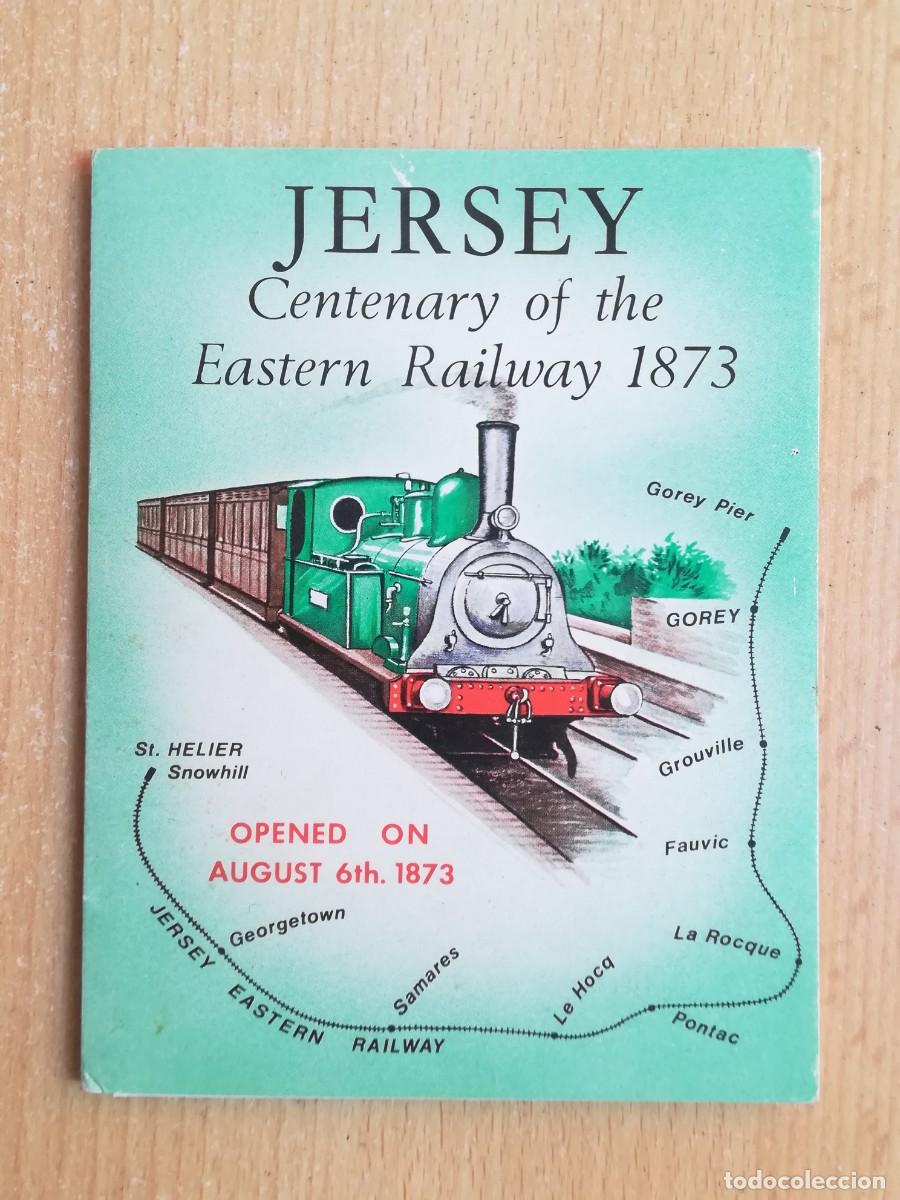 Sellos: Jersey. Centenario del Ferrocarril Oriental 1873. Pack de 4 sellos en estuche tr&iacute;ptico.