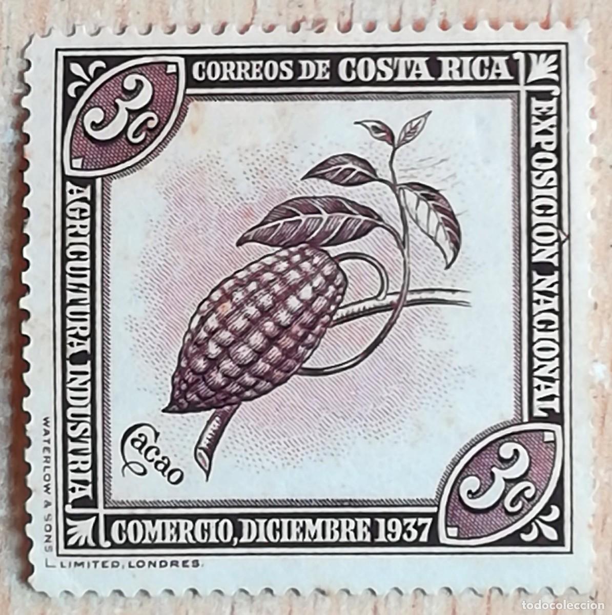 Sellos: Sello postal Costa Rica, 1937. 3 cts. Cacao. Exposici&oacute;n nacional agricultura, industria y comercio