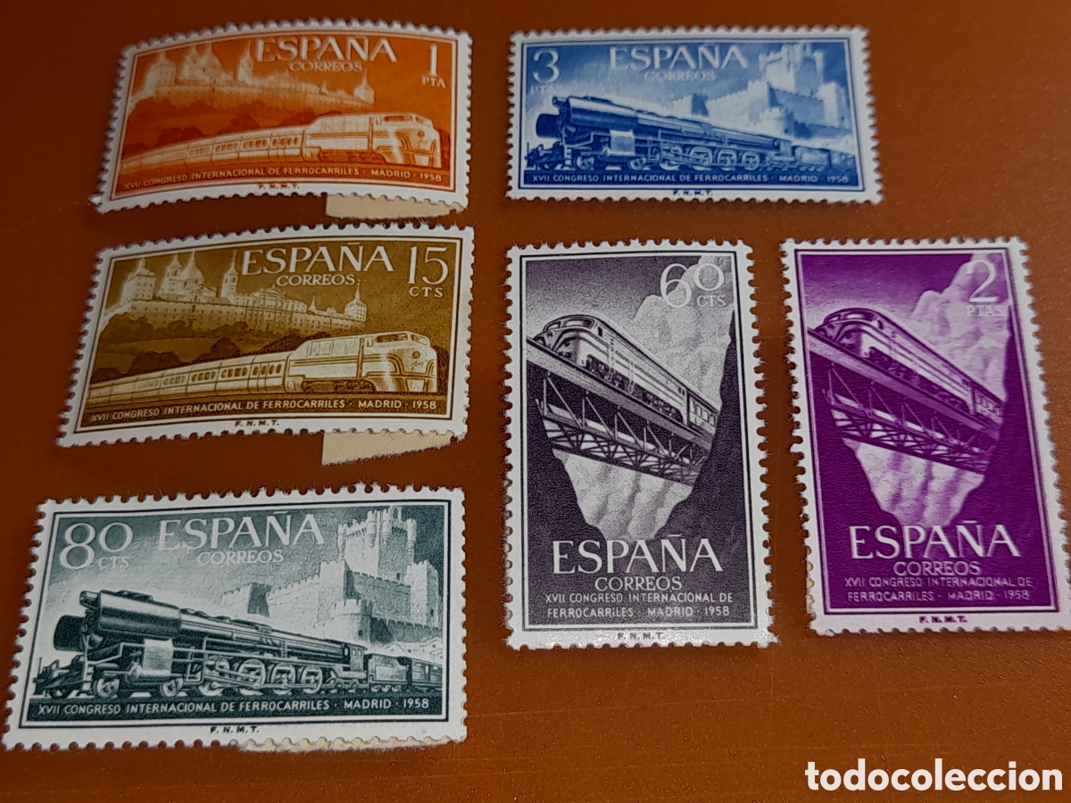 Sellos: Sello Espa&ntilde;a nuevo 1958. 17 Congreso inter ferrocarriles. V&iacute;as. Trenes. Locomotoras. Vistas. Arquite
