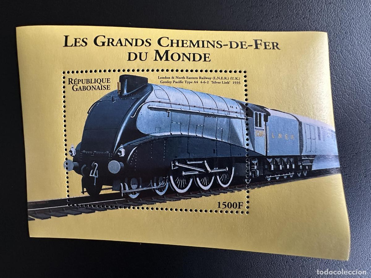 Sellos: Gab&oacute;n 2000 Mi. Locomotora de tren Bl. 110 LNER Gresley A4 Silver Link