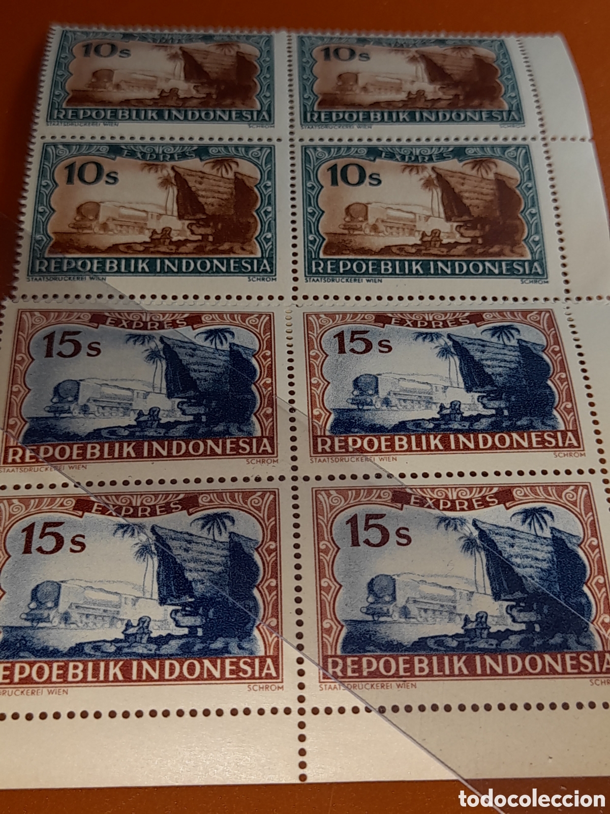 Sellos: Sello Indonesia nuevo 1947-1948. Inscripcion Repoeblik Expres. Casas. Trene. Llocomotora. Arquitectu