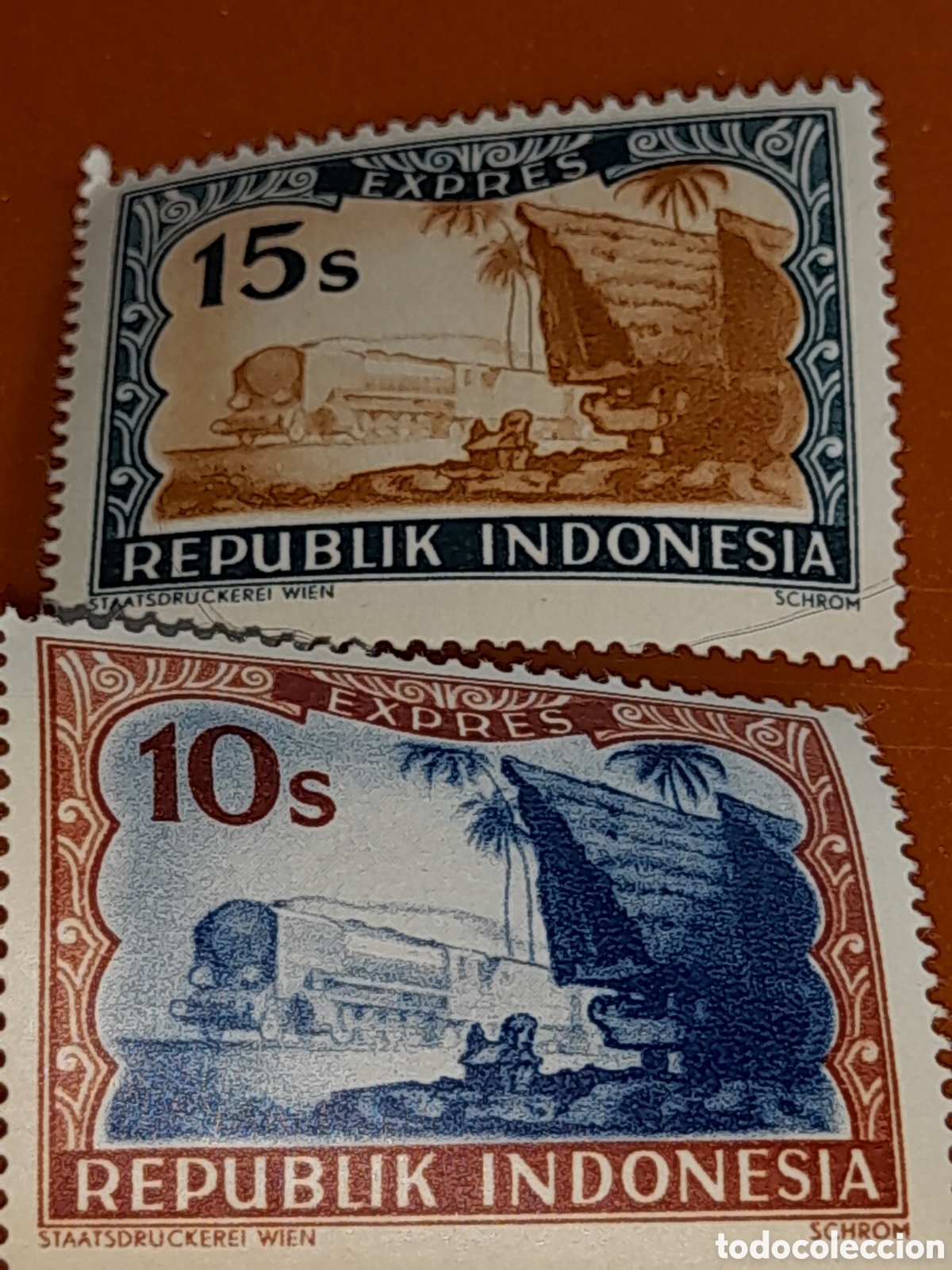 Sellos: Sello Indonesia nuevo 1948-1949. Inscripcion Republik Expres. Trenes. Locomotora. V&iacute;as. Casas. Palme