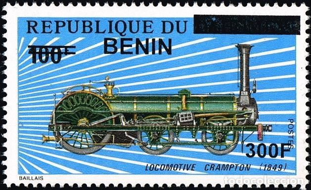 Sellos: Ben&iacute;n 2009 Mi. 1515 sobrecargado Locomotora Crampton 1849 tren