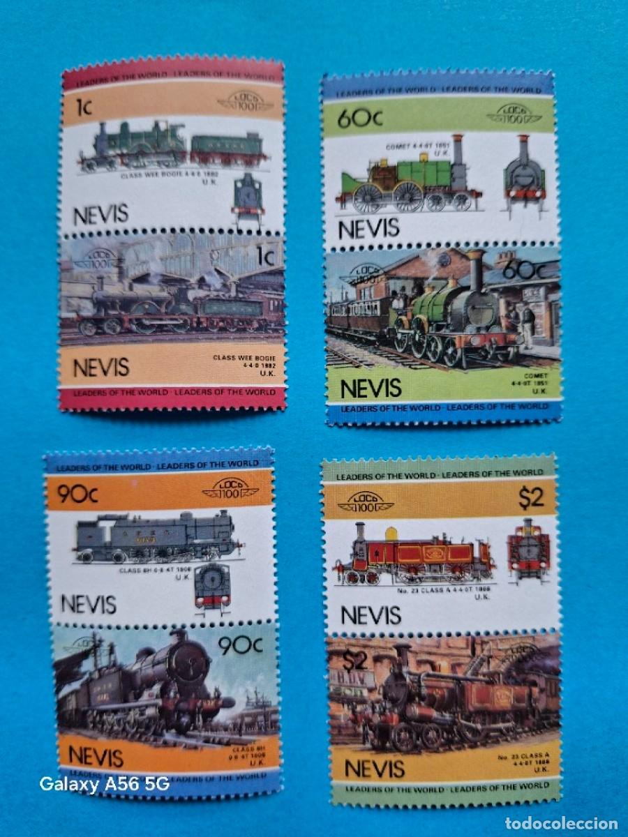 Sellos: Lote 8 (4x2) Sellos NEVIS 1985 (MI KN-N 260-7) FERROCARRILES Locomotoras Transportes