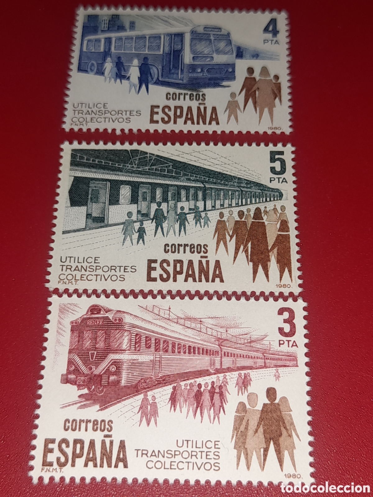 Sellos: Sello Espa&ntilde;a nuevo 1980. Transporte p&uacute;blico. Autobuses. Trenes. Ferrocarriles. V&iacute;as. Estaci&oacute;n. Metro