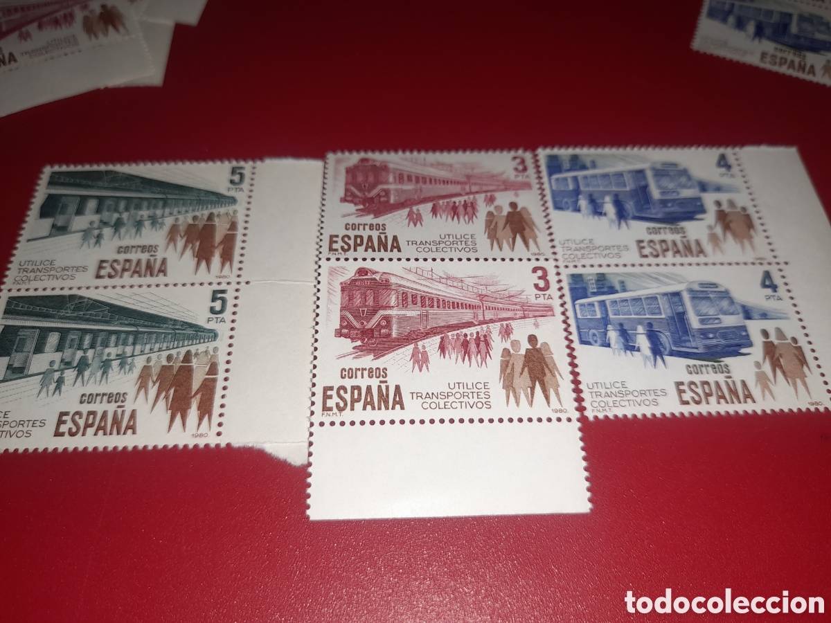 Sellos: Sello Espa&ntilde;a nuevo 1980. Transporte p&uacute;blico. Autobuses. Trenes. Ferrocarriles. V&iacute;as. Estaci&oacute;n. Metro