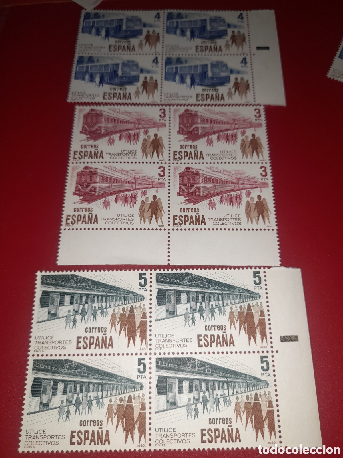 Sellos: Sello Espa&ntilde;a nuevo 1980. Transporte p&uacute;blico. Autobuses. Trenes. Ferrocarriles. V&iacute;as. Estaci&oacute;n. Metro