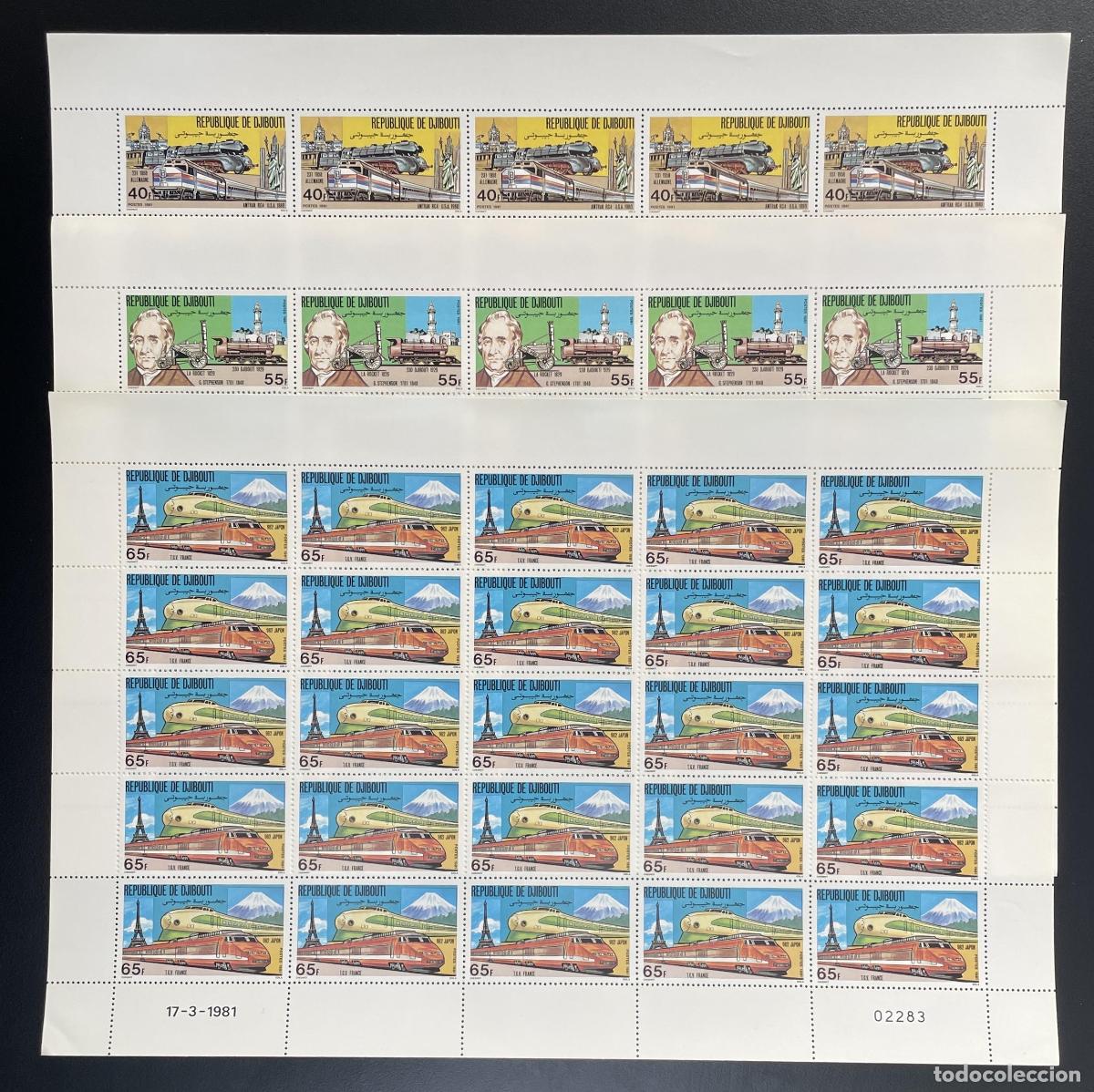 Sellos: Yibuti 1981 YT 531-533 trenes Stephenson TGV Shinkansen Amtrak