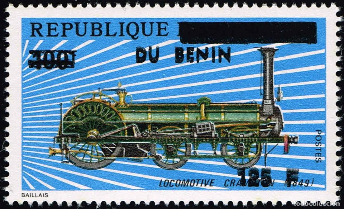 Sellos: Ben&iacute;n 1992 Mi. 528 sobrecargado locomotora Crampton 1849 tren vapor