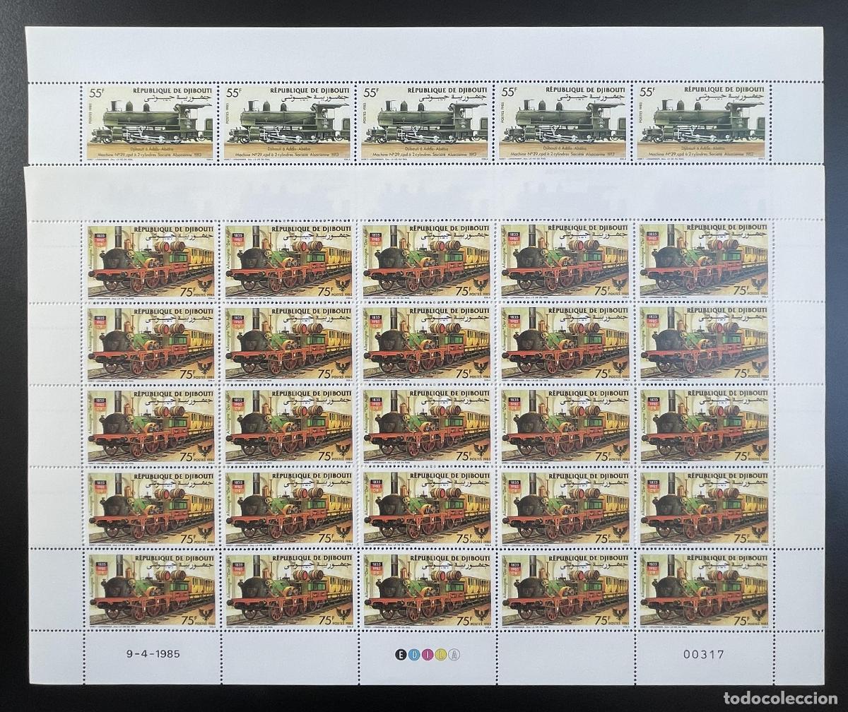 Sellos: Yibuti 1985 YT 603 604 bloc trenes locomotoras ferrocarril