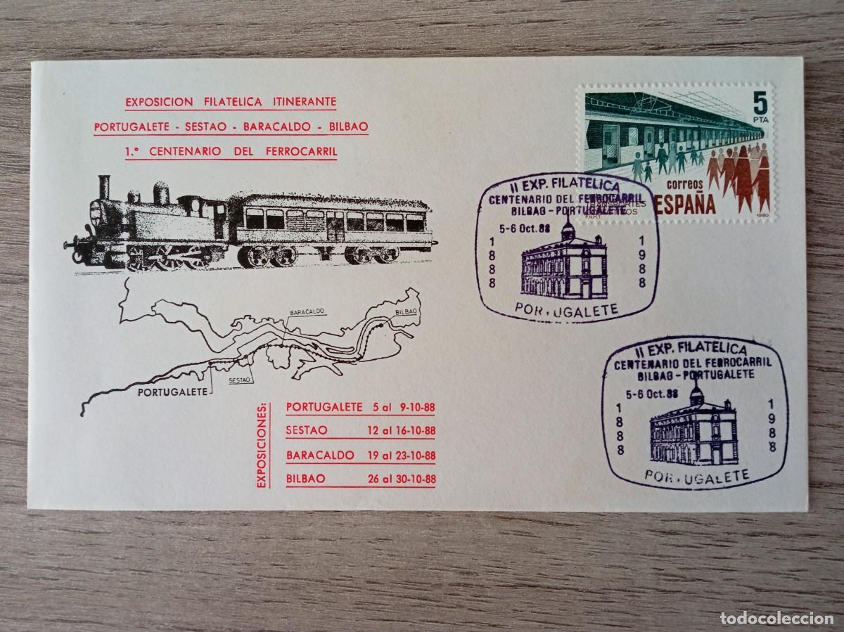 Sellos: SOBRE CENTENARIO FERROCARRIL BILBAO PORTUGALETE, EXPOSICION 1988