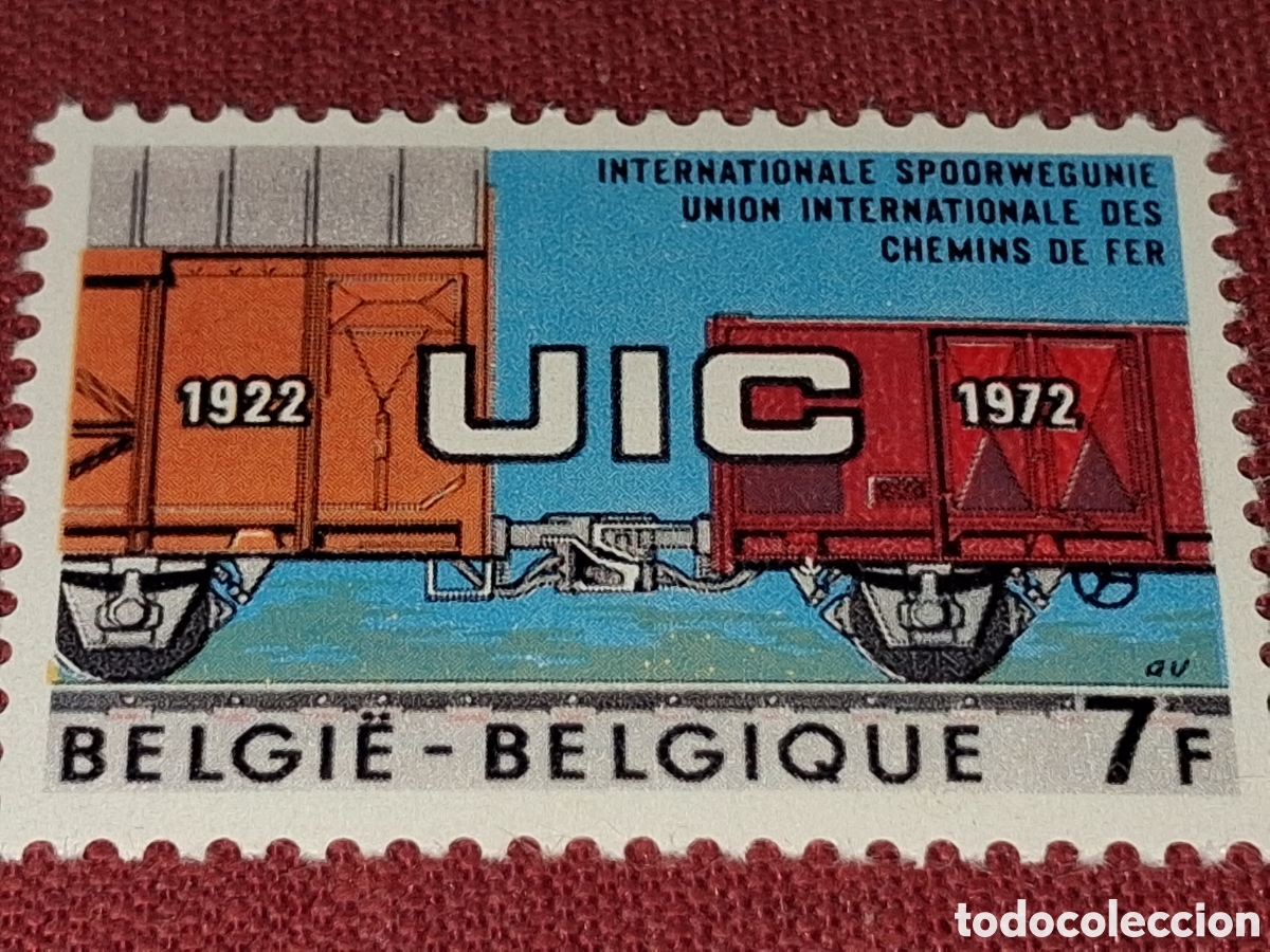Sellos: Sello B&eacute;lgica nuevo 1972. 50Aniv union inter ferrocarriles. Trenes. Vias. Locomotoras. Vag&oacute;n.