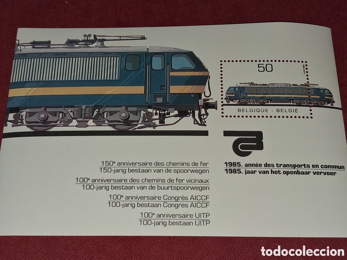 Sellos: HB B&eacute;lgica nuevo 1985. A&ntilde;o transporte p&uacute;blico. Trenes. Tranv&iacute;a. Locomotora. El&eacute;ctricos.