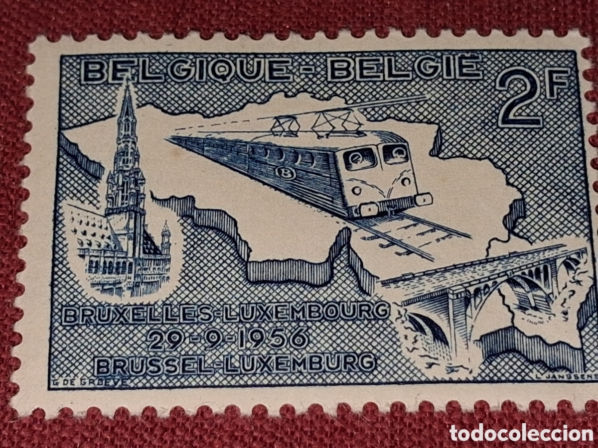 Sellos: Sello B&eacute;lgica nuevo 1956. Electrificaci&oacute;n l&iacute;nea ferrocarriles. V&iacute;as. Trenes. Cartograf&iacute;a. Mapa. Loco