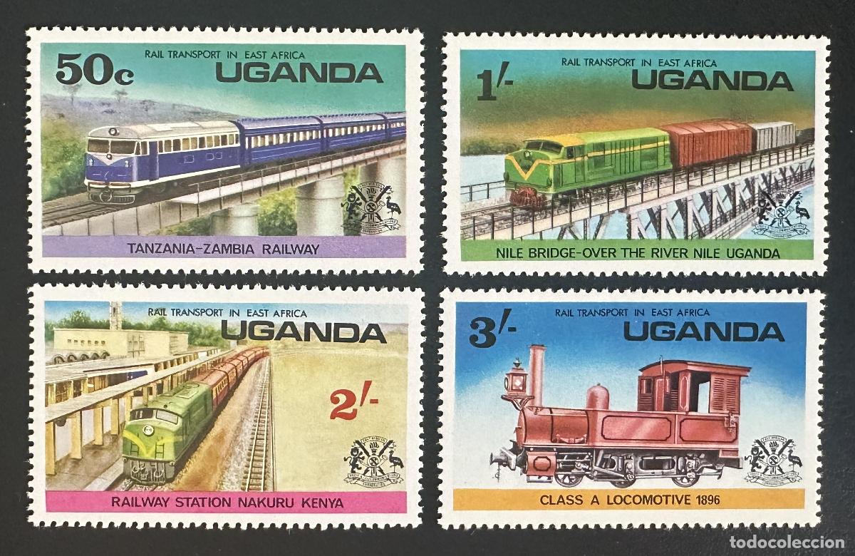 Francobolli: Uganda 1976 Mi. 145-148 emisi&oacute;n conjunta trenes locomotoras &Aacute;frica
