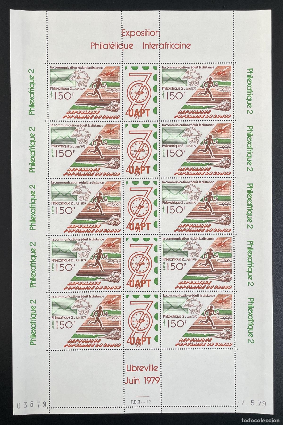 Sellos: Congo 1979 T 543A tabl&oacute;n Philexfrique exposici&oacute;n comunicaci&oacute;n UPU Concorde