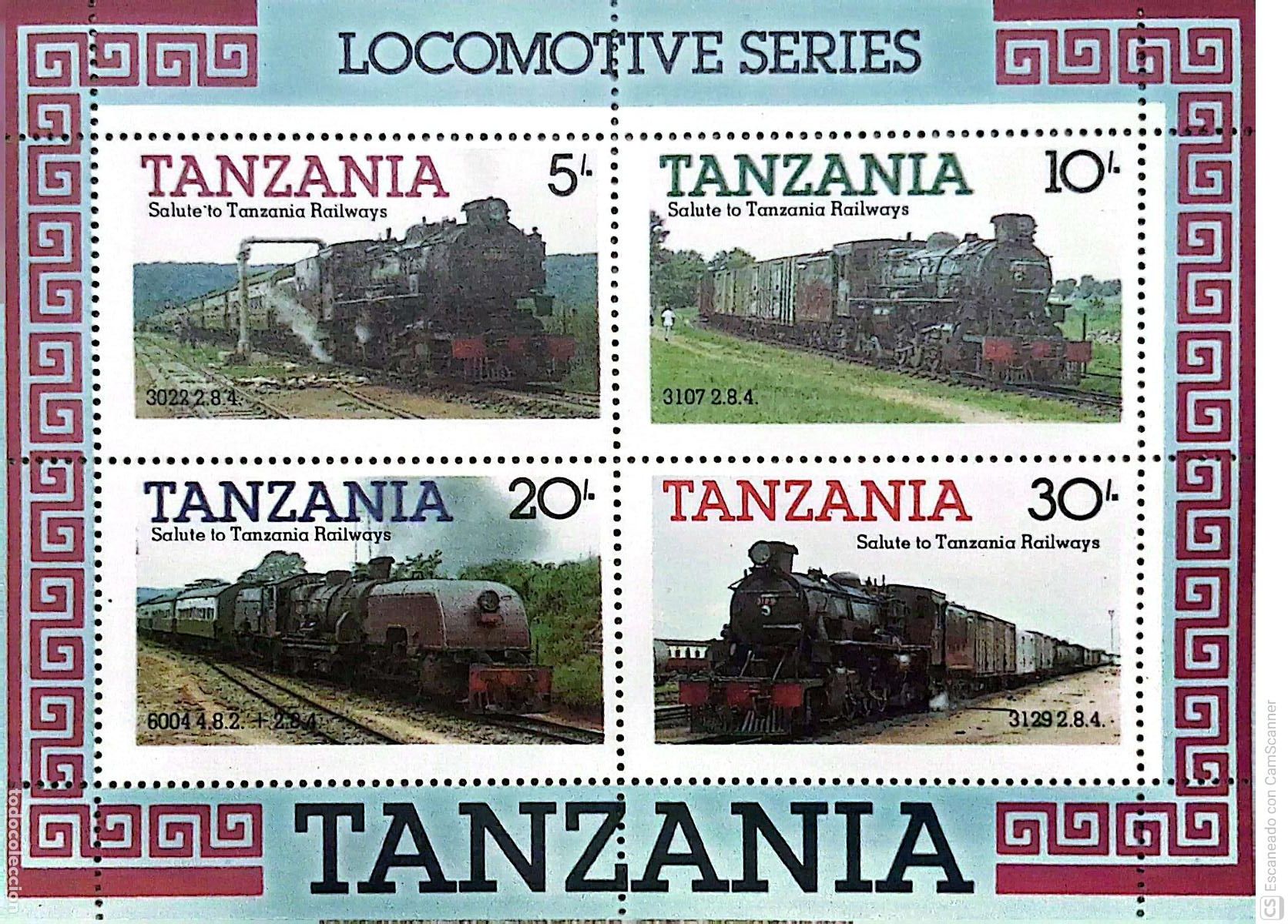 Sellos: Tanzania. HB 41 Locomotoras y trenes de Tanzania. 1985. Sellos nuevos y numeraci&oacute;n Yvert