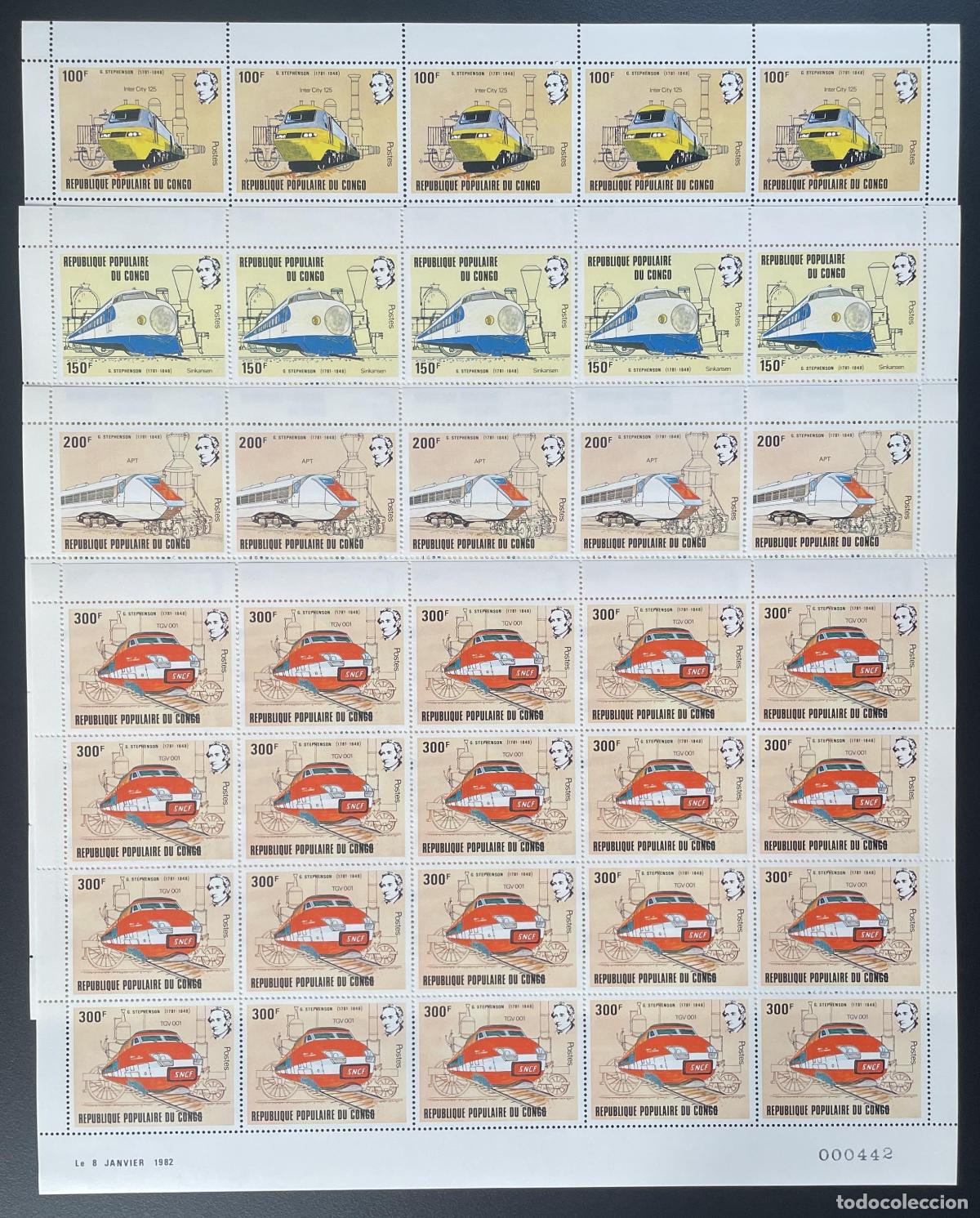 Sellos: Congo 1982 YT 656-659 tabl&oacute;n trenes locomotoras transporte SNCF Stephenson TGV