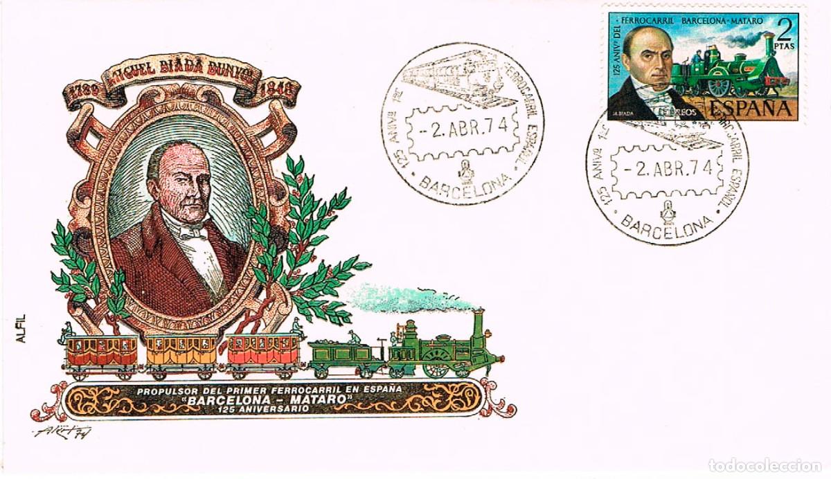 Sellos: EDIFIL 2173, 125 ANIV&ordm; DEL FERROCARRIL EN ESPA&Ntilde;A, MATASELLO PRIMER DIA EXPO BARCELONA 2-4-1974 ALFIL