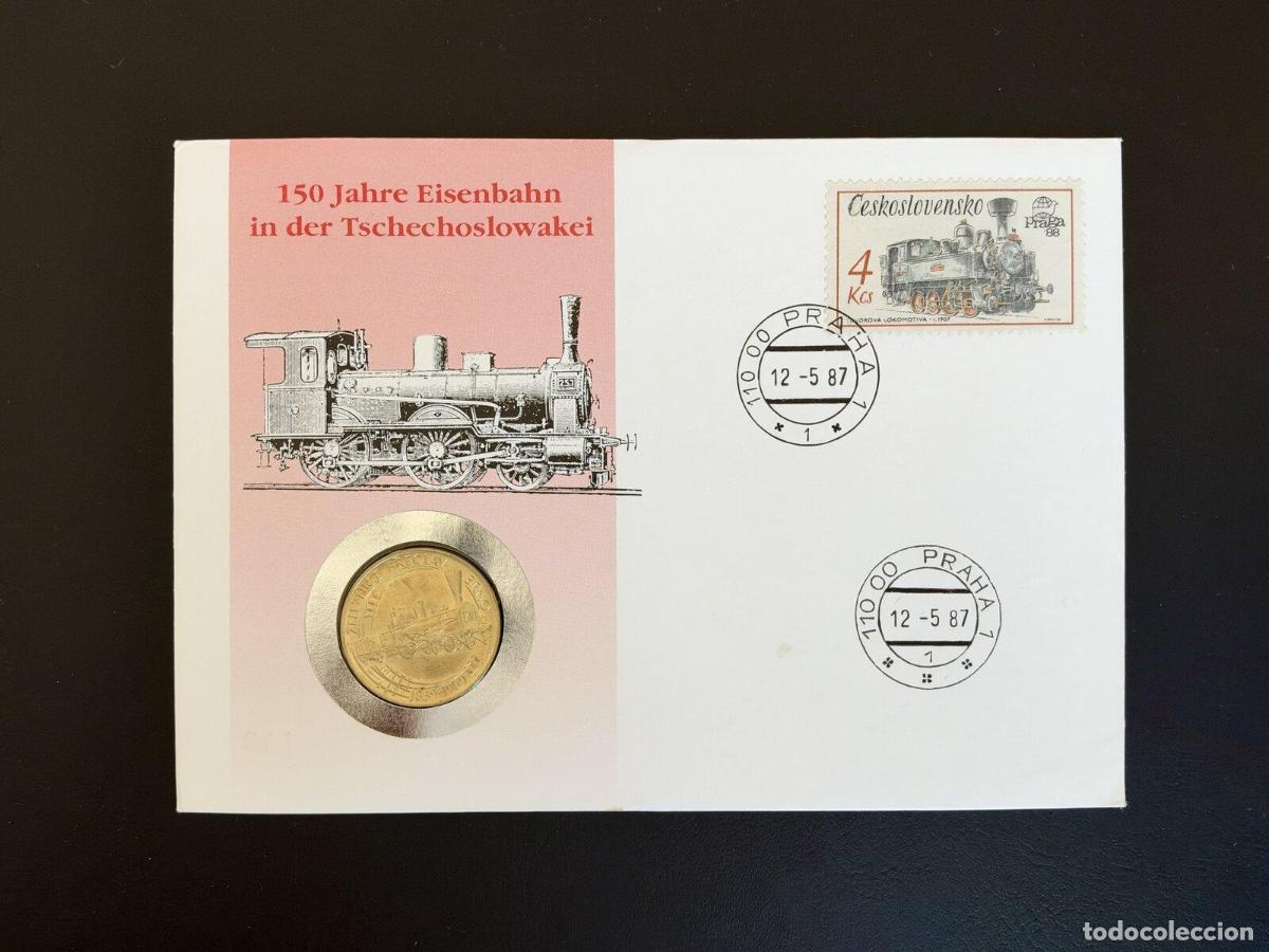 Sellos: Carta numism&aacute;tica Checoslovaquia 150 a&ntilde;os ferrocarril locomotora 1987