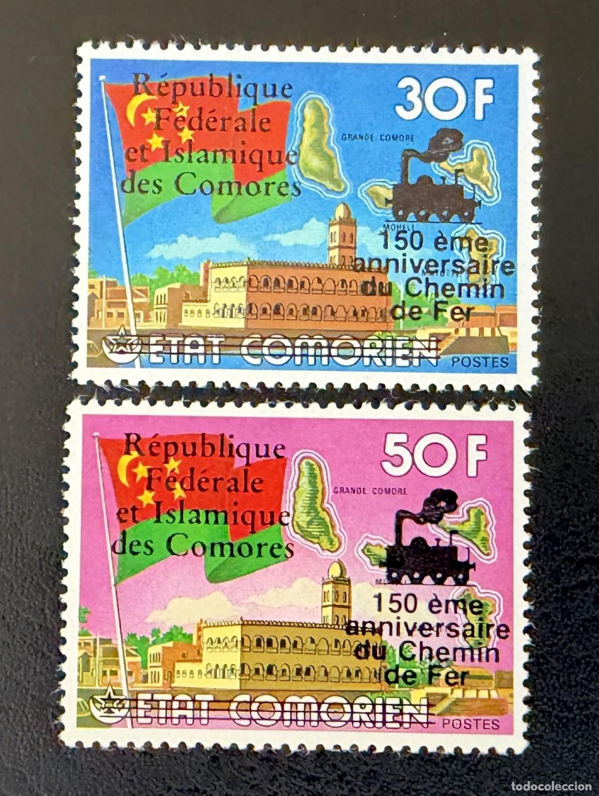 Sellos: Comoras 1978 Mi. 450-451 sobrecargado ferrocarril locomotora bandera tren