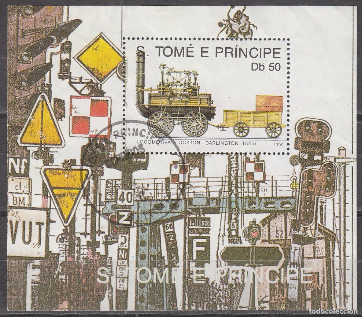 Francobolli: SANTO TOME Y PRINCIPE, IVERT HOJA BLOQUE N&ordm; 86, 1&ordf; Locomotora Stockton - Darlington de 1825 usada