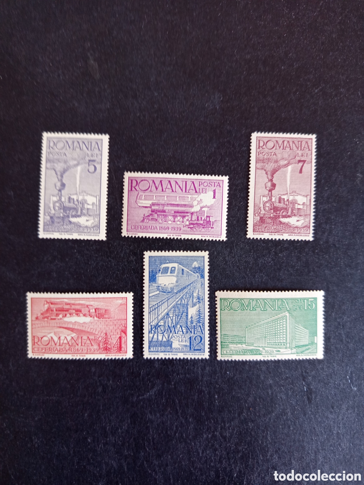 Sellos: Ruman&iacute;a, 1939. 70 Aniversario Ferrocarril Rumano. Yv. 581/6. Serie completa. Pedido m&iacute;nimo 3 &euro;.