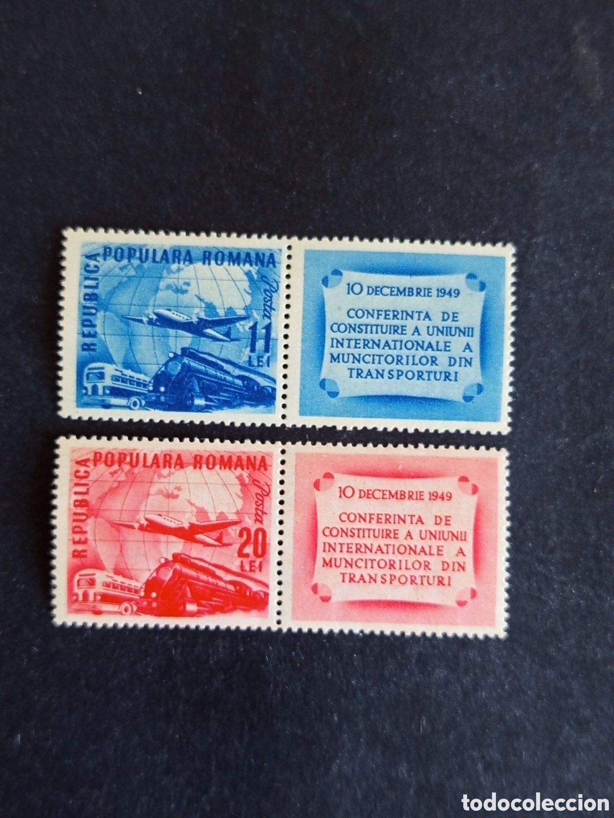 Sellos: Ruman&iacute;a, 1949. Transporte. Yv. 1085/6. Serie completa. Pedido m&iacute;nimo 3 &euro;. Ver fotos.