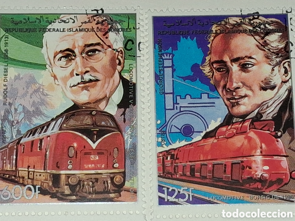 Sellos: Sello (2series) Comoras nuevo 1988. Personajes. Trenes. Locomotora. George Stephenson. Ingenieros. D