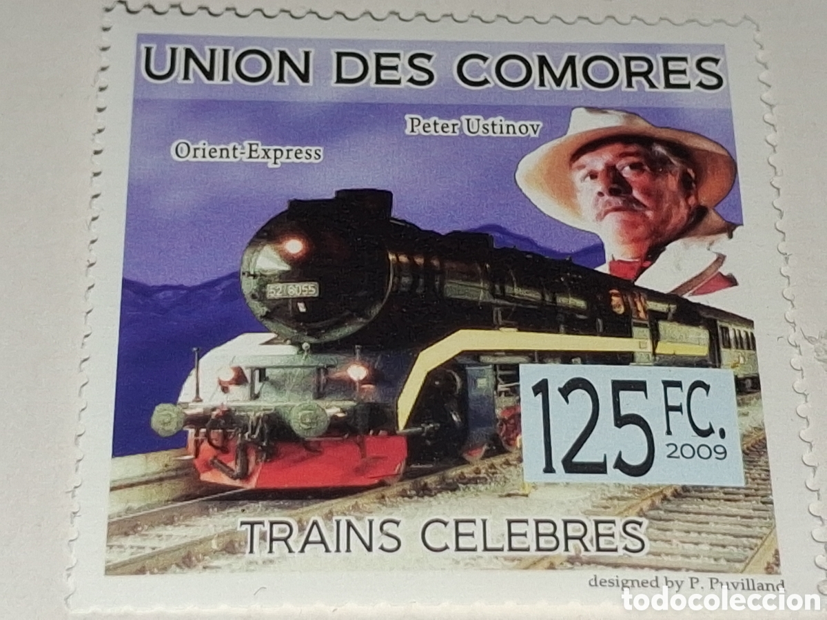 Sellos: Sello Comoras nuevo 2009. Trenes famosos. Oriente Express. Locomotoras. V&iacute;as. Peter Ustinov. Cine. 7