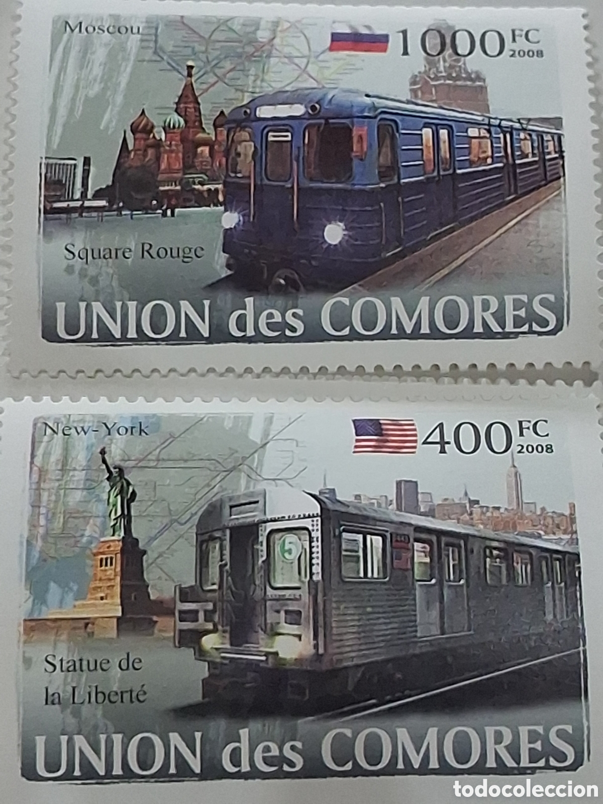 Sellos: Sello Comoras nuevo 2008. Trenes. Tranvia. Metro. Bandera. Locomotoras. Ferrocarriles. Monumentos.