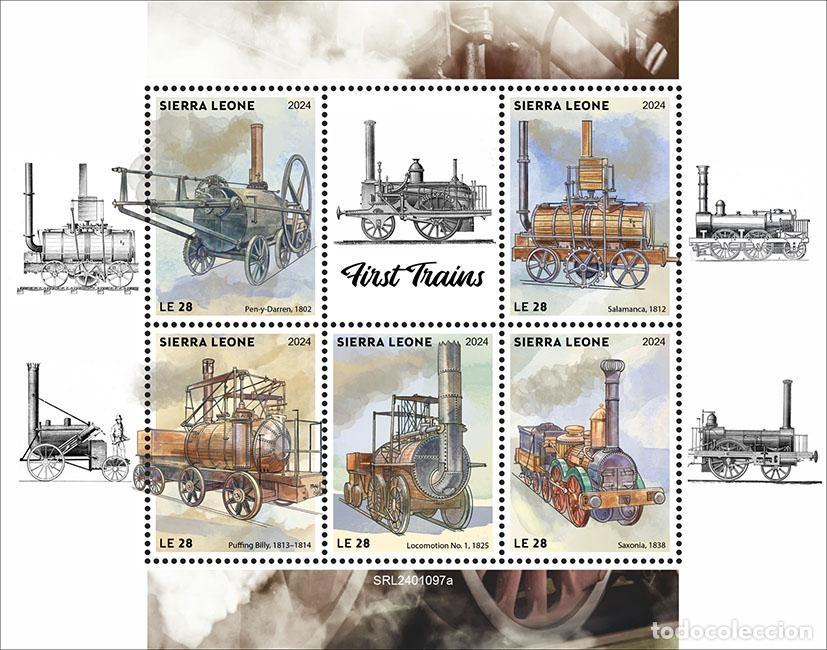 Stamps: Sierra Leona 2024 Mi. 18661-18665 hoja primeros trenes locomotoras vapor