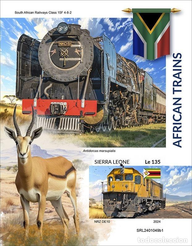 Sellos: Sierra Leona 2024 Mi. Bl. 3245 bloque sin dentar trenes africanos locomotoras