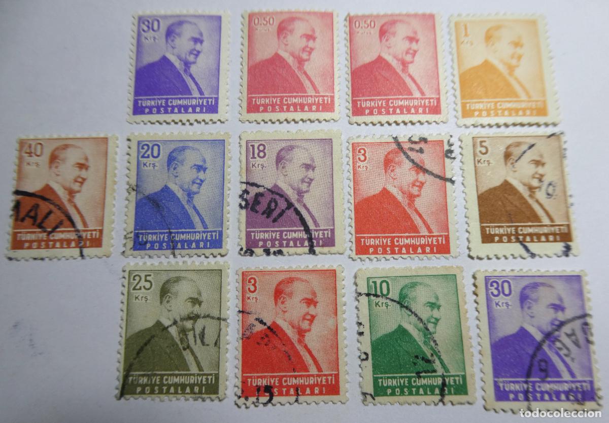 Sellos: 13 sellos postales de Turqu&iacute;a de Mustafa Kemal Atat&uuml;rk, diferentes valores