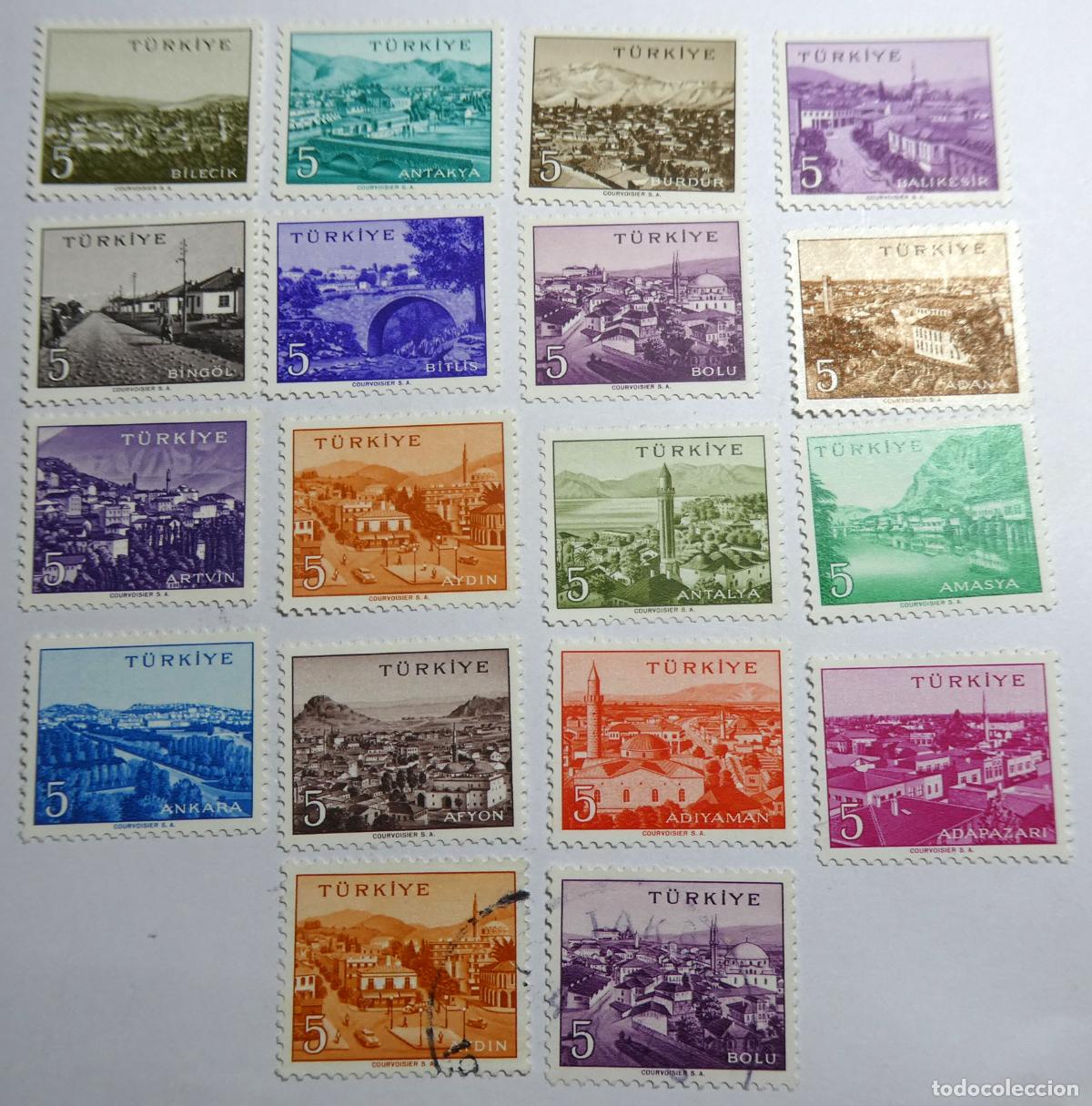 Sellos: Lote de 18 sellos postales de Turqu&iacute;a 1958 , serie Ciudades Turcas