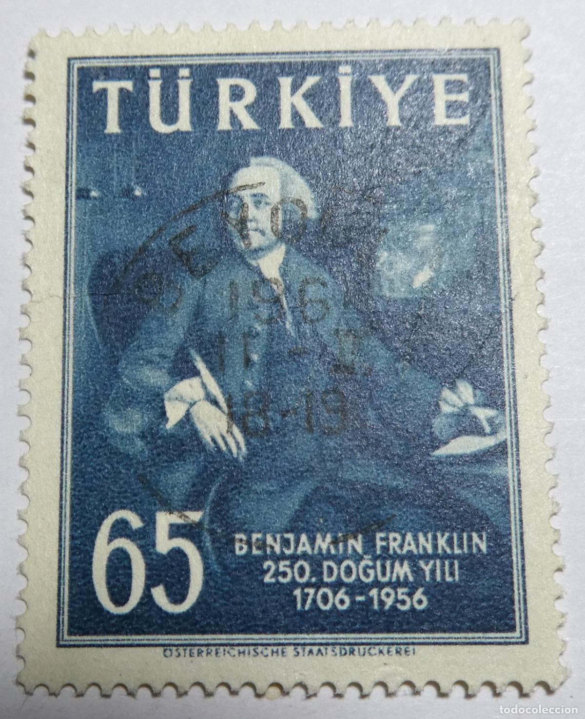 Sellos: Sello Postal de Turquia de 65 Kurus 1956 ,250 aniversario del nacimiento de Benjamin Franklin