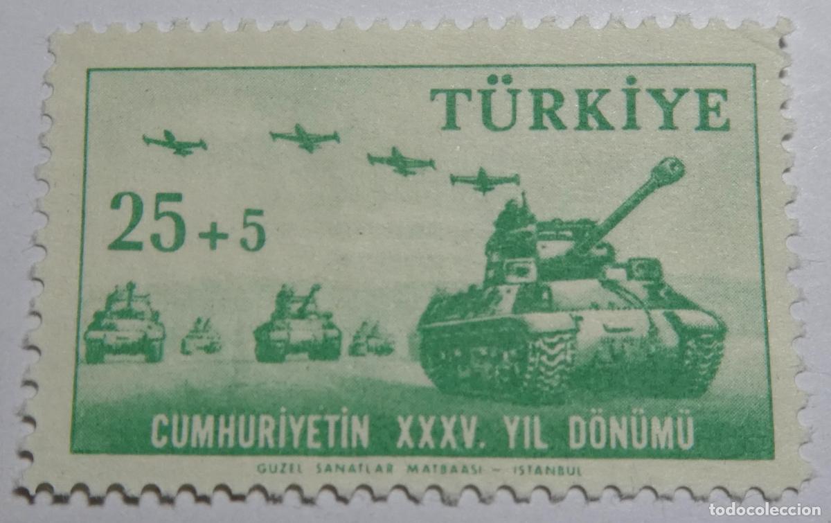 Sellos: sello postal de Turqu&iacute;a 25+5 Kurus 1958 , conmemora el 35 aniversario de la Rep&uacute;blica