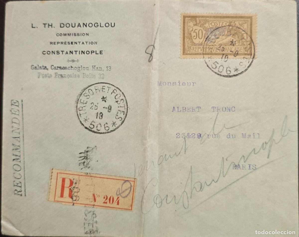 Sellos: O) 1913 TURKEY, FRANCE OCCUPATION, TRESORET POSTES CANCELLATION, REGISTERED, LIBERTY AND PEACE 50C