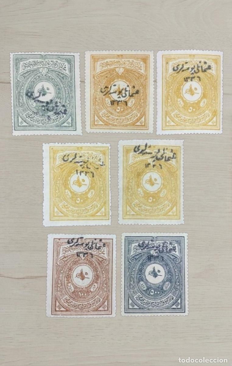 Sellos: Lote 7 Sellos Imperio Otomano 1920 - Moneda de Oro con Sobreimpresi&oacute;n hasta 500 Piastras - Nuevos