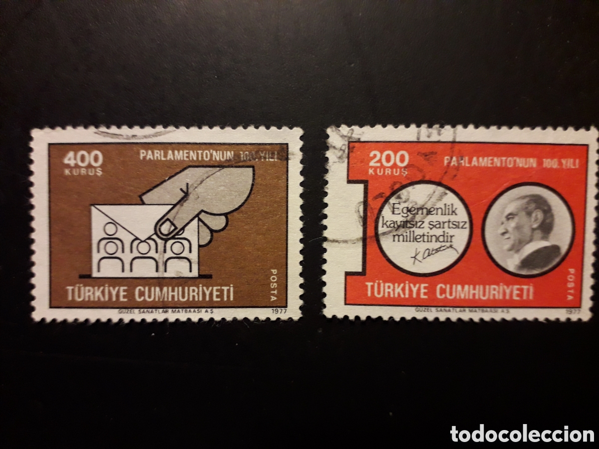 Sellos: TURQU&Iacute;A YVERT 2182/3 SERIE COMPLETA USADA 1977 PARLAMENTO, ATAT&Uuml;RK PEDIDO M&Iacute;NIMO 3&euro;