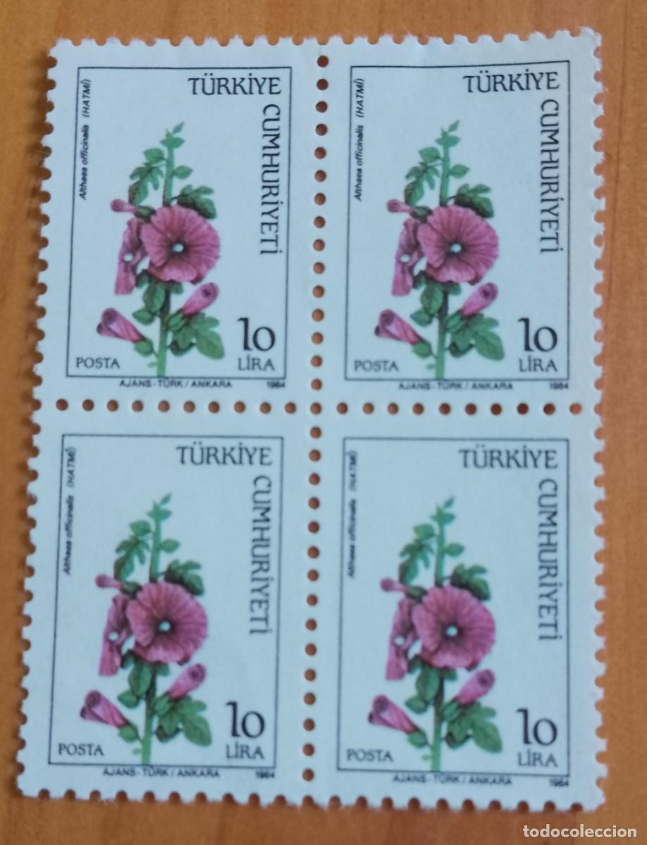 Sellos: TURQUIA - V/F 10 LIRA - TIRA CON 4 SELLOS, FLORA, FLOR, PLANTA: ALTHAEA OFFICINALIS,