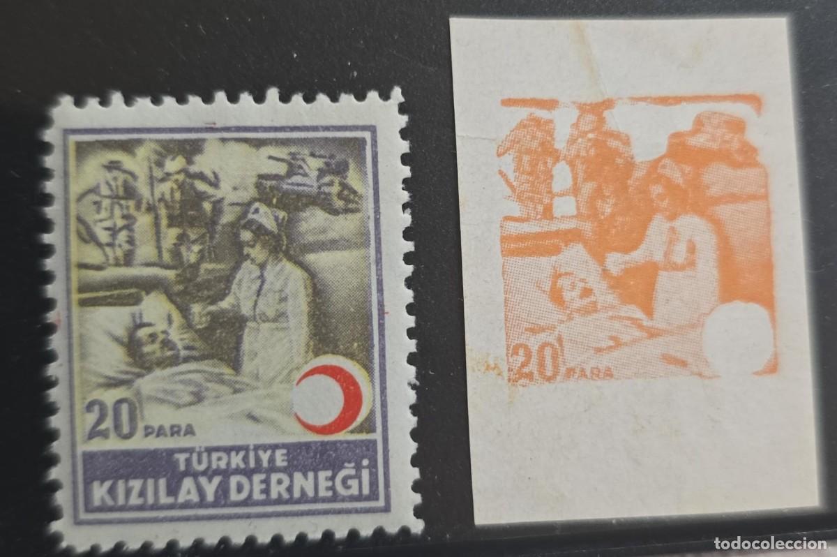 Sellos: O) 1947 TURKEY, PROOF AND ORIGINAL, NURSE AND WOUNDED SOLDIER SCT RA 113 20pa, POSTAL TAX STAMP, MN