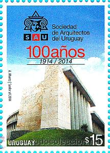 Sellos: URUGUAY 2014--100 A&ntilde;os de la Sociedad de Arquitectos (SAU)Tem&aacute;tica: Edificios,Logos - Foto 1