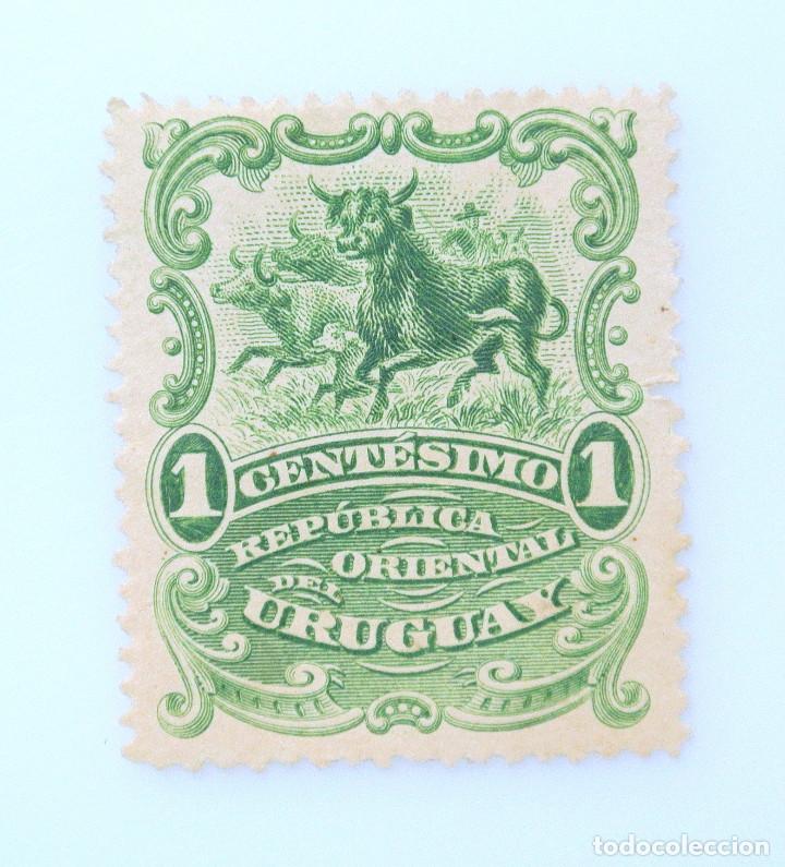 SELLO POSTAL URUGUAY 1900 1 C GANADERIA TORO GANADO FAUNA TOROS NÚMERO EN OVALO (Sellos - Extranjero - América - Uruguay)
