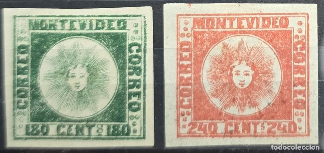 Sellos: O) 1858 URUGUAY, PROOF, EL SOL DE MAYO, SCT 5 180c green, EL SOL DE MAYO SCT 6 240c vermillion, MNH