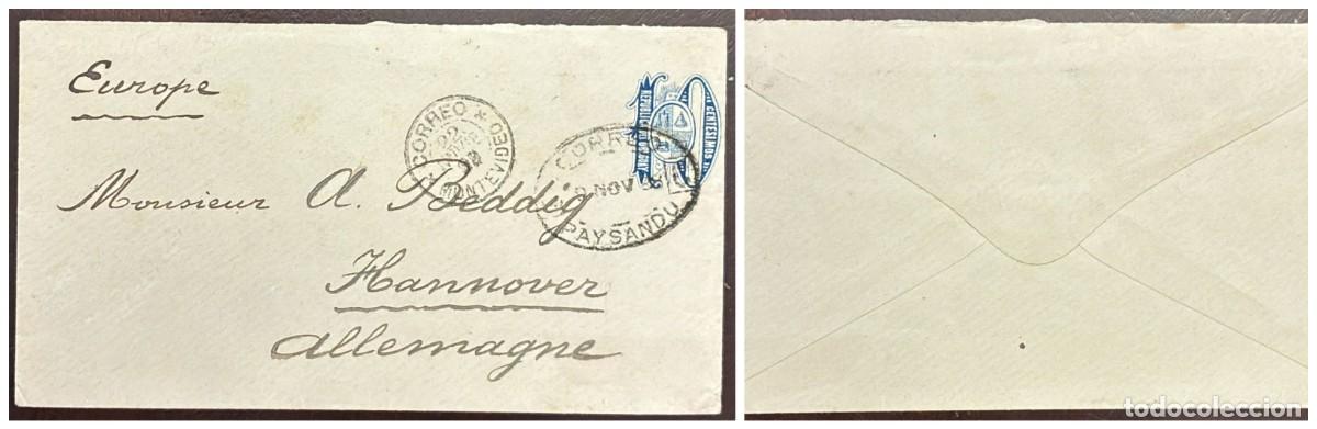 Sellos: O) 1858 URUGUAY, PAYSANDU, TRANSIT MONTEVIDEO, EUROPE COAT OF ARMS, POSTAL STATIONERY 10c