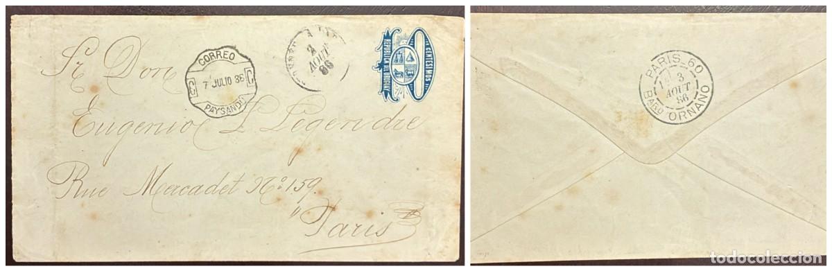 Sellos: O) 1886 URUGUAY, PAYSANDU, COAT OF ARMS 10c, POSTAL STATIONERY CIRCULATED TO PARIS