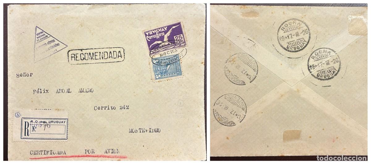 Sellos: O) 1926 URUGUAY, MONTEVIDEO, ROCHA, ALBATROSS, CENTRO NACIONAL DE AVIACION, RECOMMENDED, SOUTHERN L