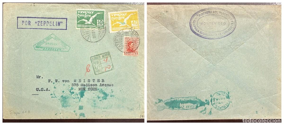 Sellos: O) URUGUAY, MONTEVIDEO, POR ZEPPELIN, FIRST SOUTH AMERICAN FLIGHT, EXTERIOR, ARTIGAS 5c, ALBATROSS,